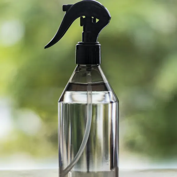 Clear glass spray bottle with a black trigger