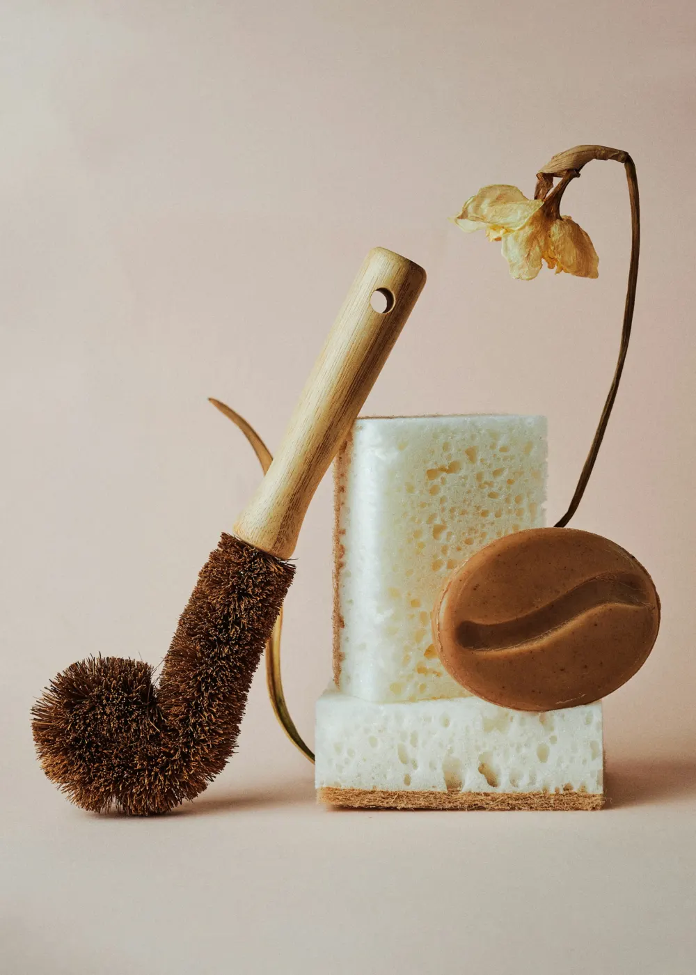 Coconut fibre brush, plant-based sponge and a soap bar
